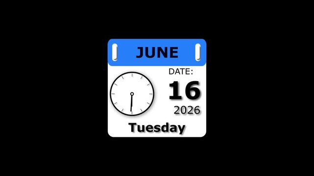 June 16 ,2026 calendar icon animation. Tuesday date with clock icon animation on black background.
