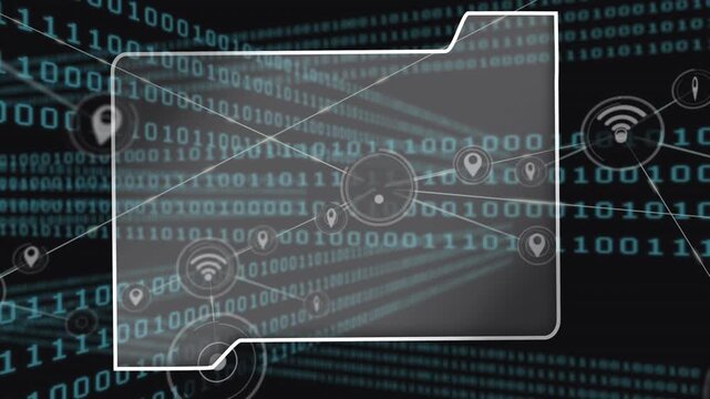 Animation of digital frame over binary code and connections on black background