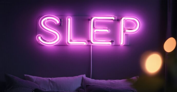 Bright pink neon sign spells SLEP above pillows. Dark room creates cozy, relaxing atmosphere. Simple bedroom decor visible.