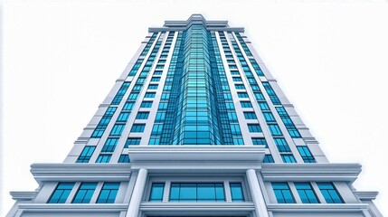 Naklejka premium Modern skyscraper with reflective blue glass facade seen from below against a white sky