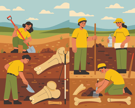 Diverse team of paleontologists excavating dinosaur bones at archeological dig site outdoor exploration and discovery paleontology research fossil excavation for education and history presentations sc