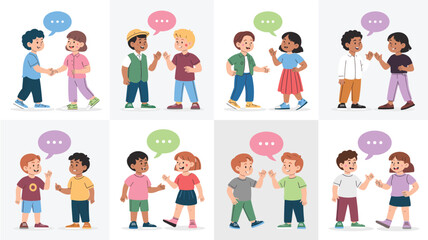 Diverse group of children communicating with speech bubbles illustration vector cartoon style happy kids talking together communication and education concept for social media posts and educational pre