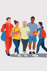 Obraz premium Diverse group of people walking together for healthy lifestyle and fitness concept vector illustration of active senior woman with water bottle and young adult athlete with yoga mat for wellness promo