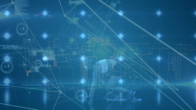 Animation of data processing and digital city over caucasian female runner