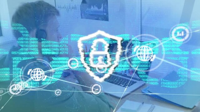 Animation of digital lock with shield, binary codes, network and graph icons over man using laptop