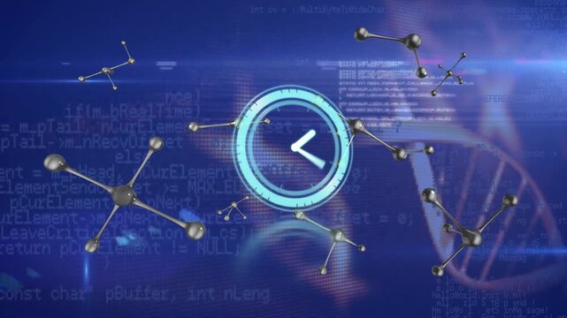 Animation of network of connections with icons and data processing over clock