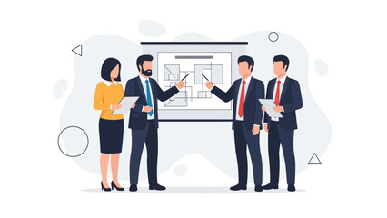 Business Meeting Presentation with Team Discussing Strategy on Whiteboard