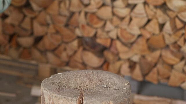 Side view of hands using an axe to split a wooden log on a chopping block to prepare fuel for a fireplace