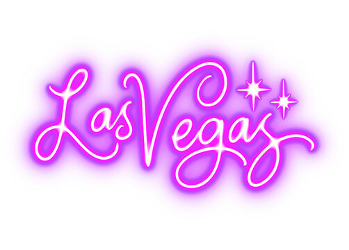 Las Vegas neon sign in purple cursive script. Glowing violet graffiti tag lettering. Aesthetic light for travel, nightlife, and urban street art design.
