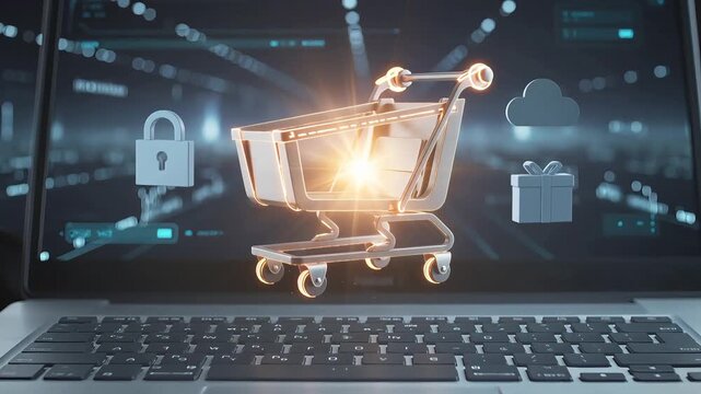 Step into the future of secure e-commerce with this 4K HD video, featuring a glowing shopping cart with security icons, cloud storage, and a gift box symbolizing modern, safe online shopping.