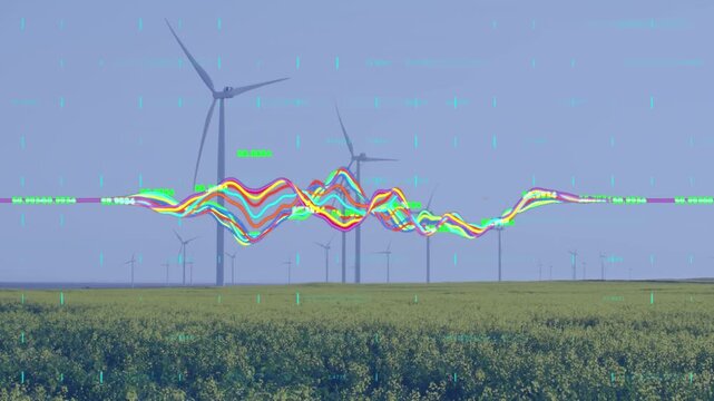 Animation of statistics and financial data processing over wind turbines in countryside