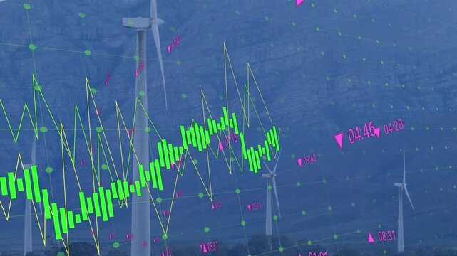Animation of statistics and financial data processing over wind turbines in countryside