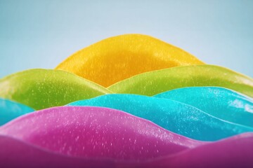 Colorful layers of gelatin dessert sit neatly in a row under bright light in a kitchen setting