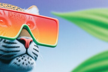 Leopard wearing sunglasses relaxes near tropical leaves in bright colors during a sunny day