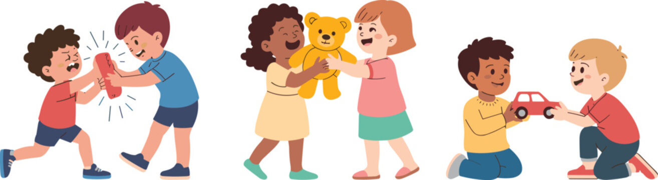 Diverse group of cartoon children playing fighting sharing toys happy smiling kids interacting cute friendship illustration for elementary school education learning positive behavior child development