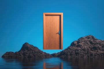 Creative door stands alone on rocks surrounded by water under a bright blue sky at an imaginary location