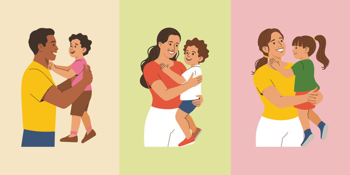 Happy diverse family portrait illustration of father mother and children cartoon characters embracing with love affection and happiness for parenting support family values and childhood development in