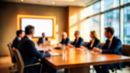 Fototapeta premium Blurred blurred image of a business meeting with diverse professionals seated around a conference table in a modern office setting with large windows and natural light