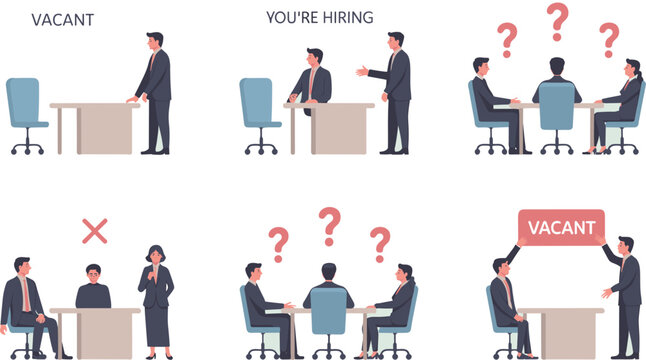 Diverse job candidates in modern office during recruitment process various stages of hiring from vacant position announcement to job interview and candidate rejection for human resources business mana