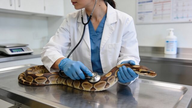 Veterinarian in white coat examines a ball python using a stethoscope while seated at a stainless steel examination table in a well-lit veterinary clinic with medical supplies in the background