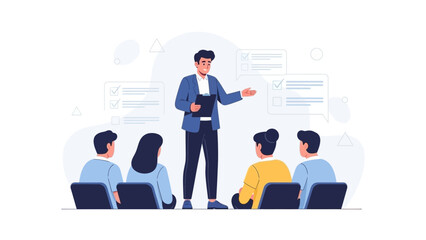 Fototapeta premium Business presentation with speaker and audience in a modern office, vector illustration