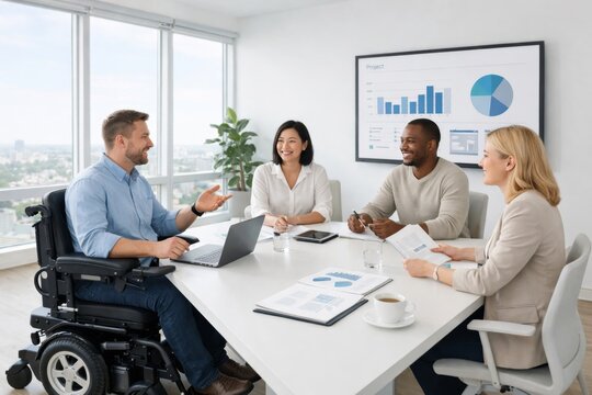 Accessible work meeting with colleagues, one participant using electric wheelchair, discussing project in bright conference room with panoramic windows. inclusive modern business space