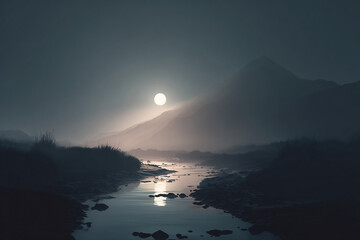 夜の川と山景色