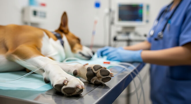Veterinarian examining a dog on a medical table in a clinical environment from a close-up viewpoint