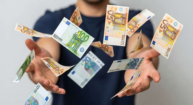 A person in a blue shirt throws European banknotes in the air with a blurred background from a front view.