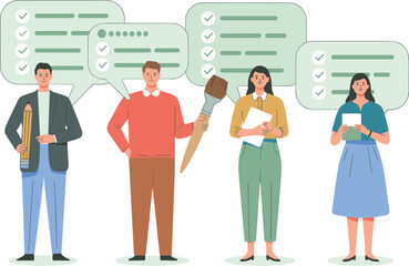 Diverse team of professionals working together on project holding pencil paintbrush and documents with check list speech bubbles collaboration communication teamwork concept for business education and