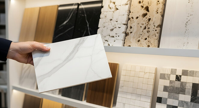 Person holding a marble slab sample in front of various stone and tile displays in a store