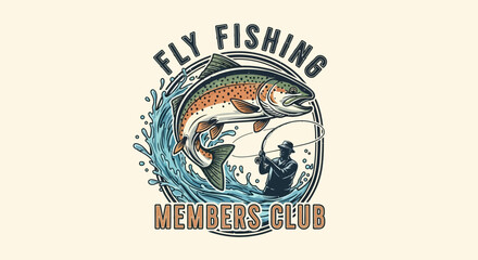 Obraz premium Vintage Fly Fishing Members Club Logo with Leaping Fish and Angler in Water Splash, Outdoor Sport Emblem in Bright Studio