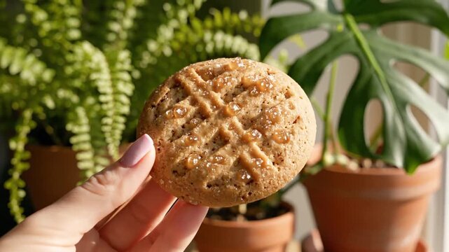 Close up of a hand holding a cookie in front of plants with sunlight