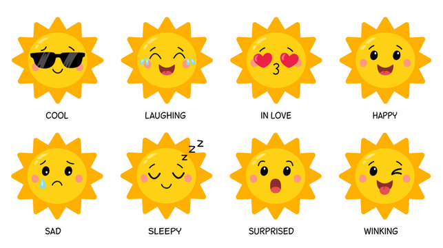 Сute sun emoji faces set with different emotions. Flat vector illustration.