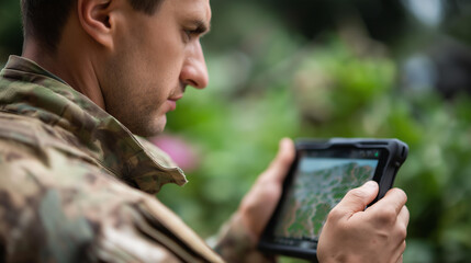 Naklejka premium Faceless soldier looking at tablet displaying drone footage of border, defocused reflection faintly visible in screen glass, surveillance monitoring, tactical intelligence, with