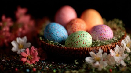Obraz premium Colorful eggs and flowers in a basket for Easter celebration