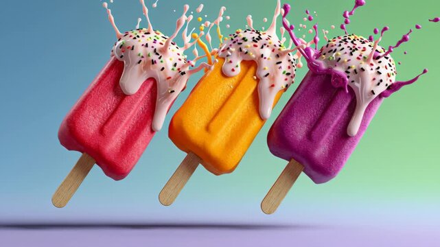 Colorful ice cream popsicles with vibrant sprinkles and melting cream splash in mid-air against a gradient background, showcasing a playful and refreshing summer treat experience