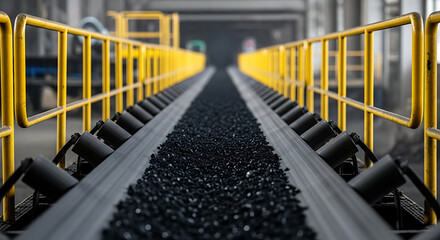 Obraz premium Industrial conveyor belt with coal moving through a factory with yellow railings from a close-up viewpoint