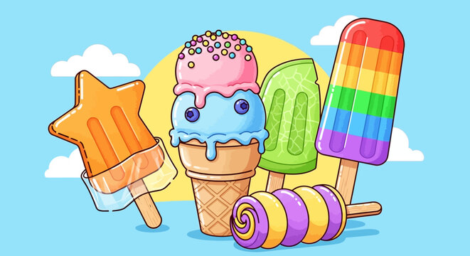 Cheerful Collection of Colorful Ice Creams and Popsicles Under Sunny Sky on Bright Blue Background