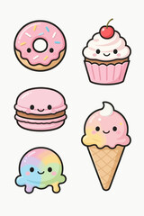 Cute kawaii style dessert illustrations happy pink donut, cheerful cupcake, sweet macarons, colorful melted ice cream, and smiling ice cream cone