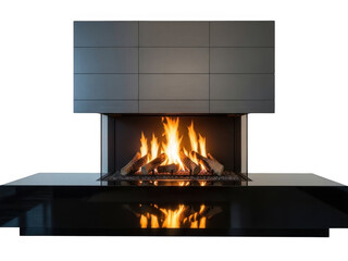Modern electric fireplace with burning flames isolated on transparent background