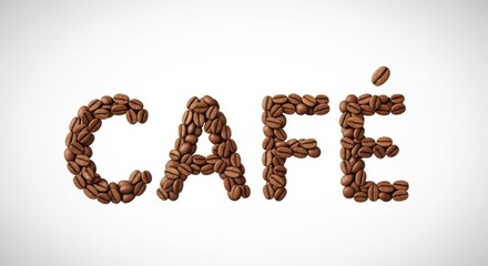 The word 'CAF&Eacute;' is artfully spelled out using individual whole roasted coffee beans, creating natural typography against a clean white background.