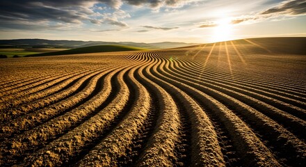 Graceful, undulating furrows of freshly tilled earth are bathed in the warm, golden light of either sunrise or sunset, creating strong shadows.