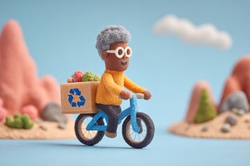 Person rides bike with recycling box in colorful landscape during daytime