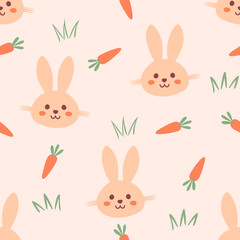 Seamless pattern with rabbit face ,carrot and grass on soft pastel background. Happy Easter
