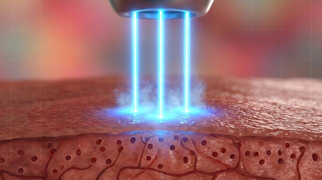 Laser treatment device emitting blue light onto human skin showcasing subsurface effects