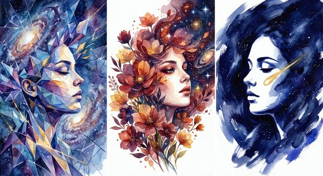 Set di tre ritratti artistici donna e universo in stile acquerello
