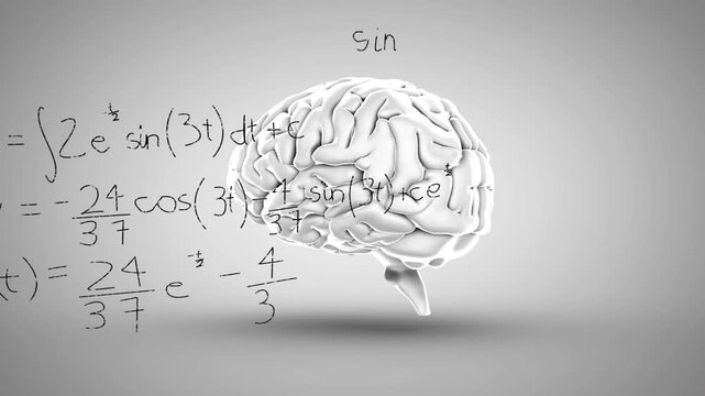 Animation of mathematical equations over spinning human brain icon against grey background
