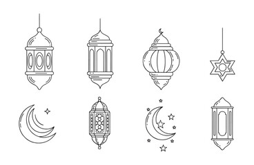 Premium Islamic Lantern  Crescent Moon Line Art - 8 Detailed Vector Sketches for Ramadan Kareem, Eid Decorations, and Minimalist Spiritual Design