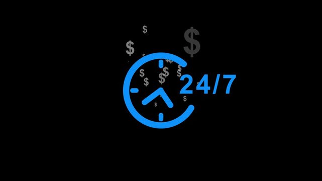 A modern 24/7 service and income concept illustration featuring a blue clock icon with continuous availability and floating dollar symbols in the background
